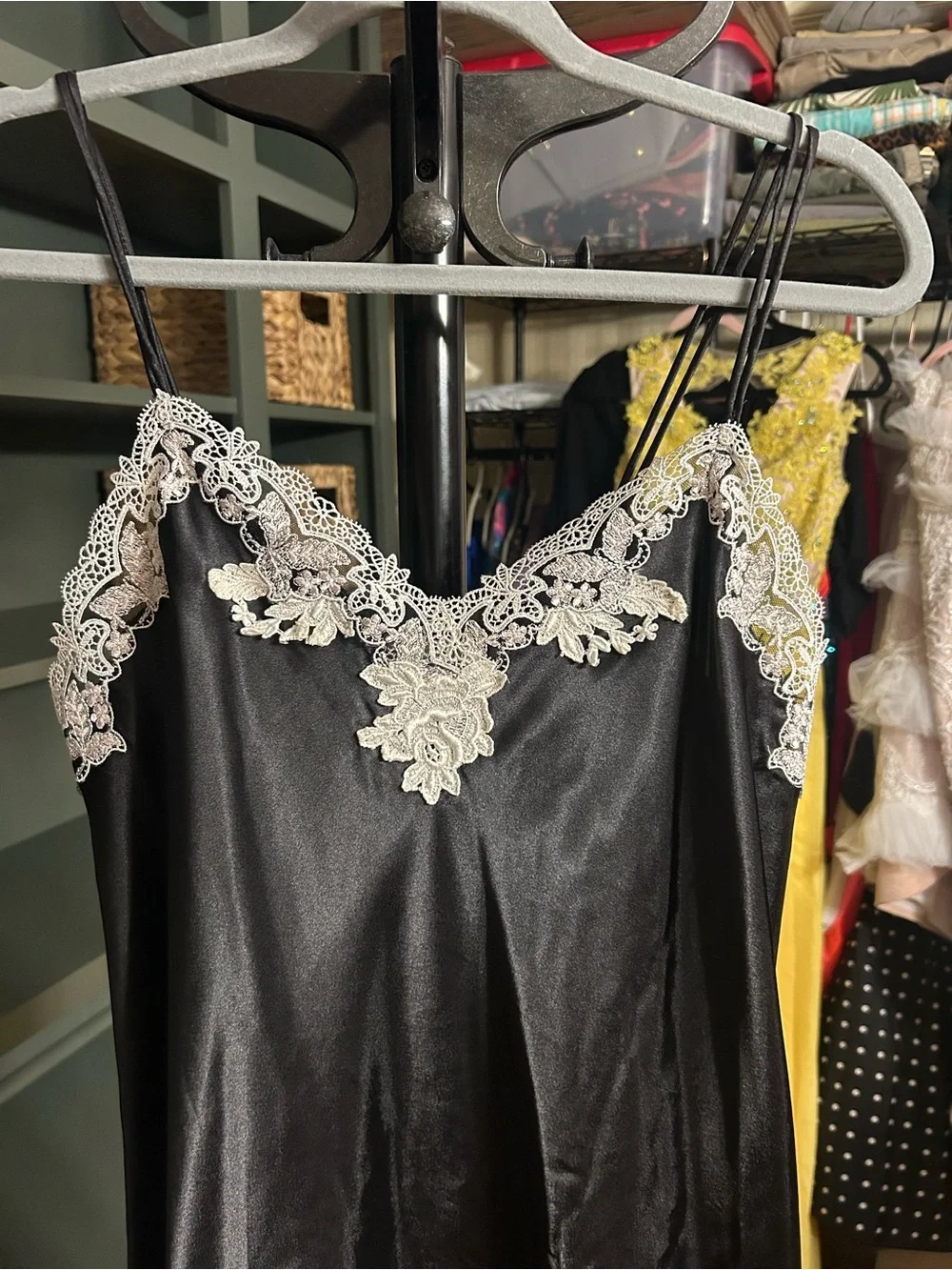 Verena Black Satin Lace Trim Slip Dress Asymmetrical Hem Nightgown L - Picture 6 of 10
